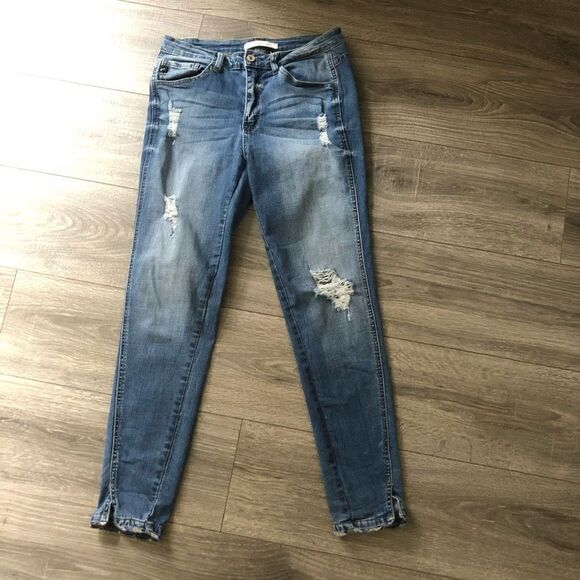 kancan skinny jeans size 9 plaid hem distressed 28 long holes med wash - Picture 1 of 13